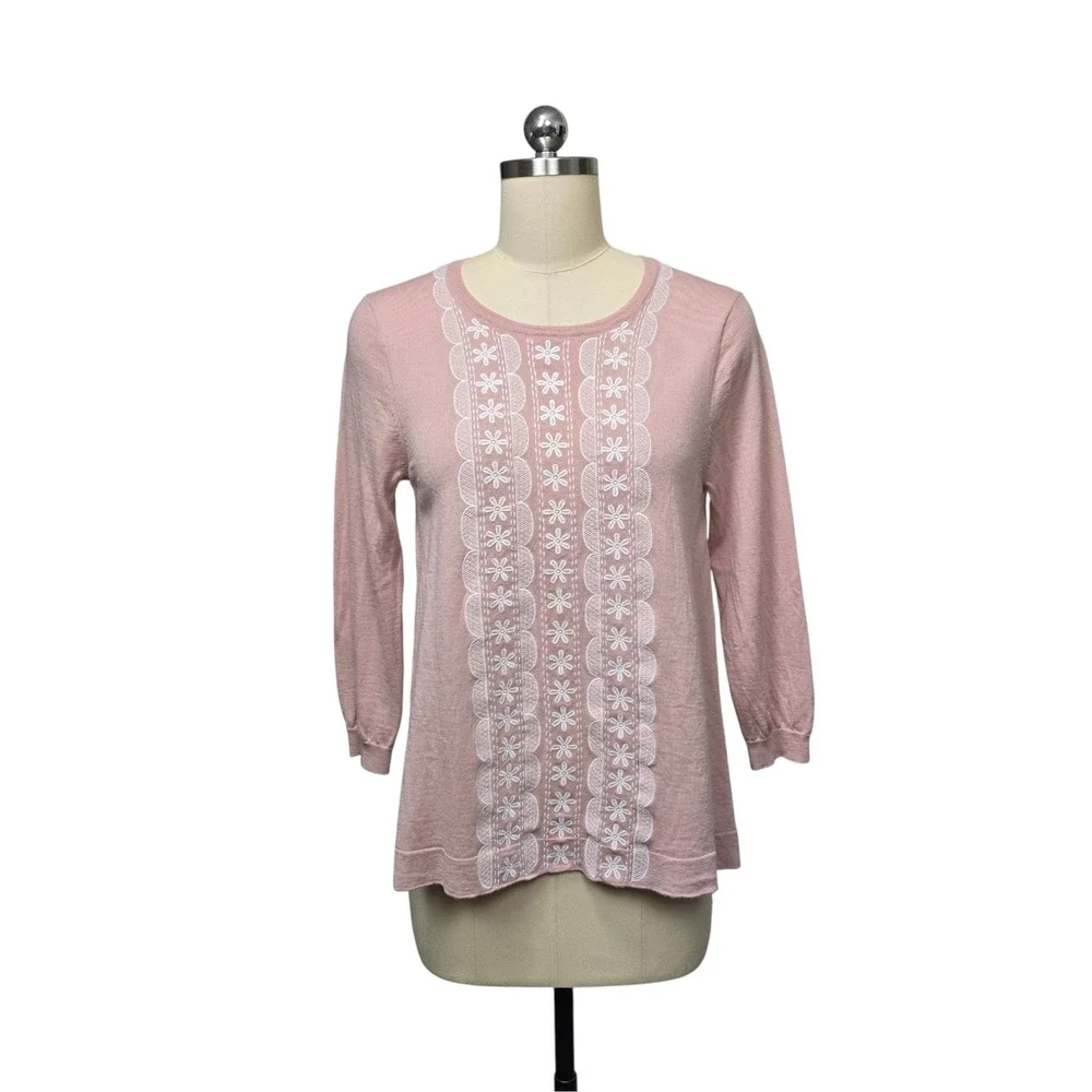 J. Crew Pink Lace Front 3/4 Sleeve Knit Sweater Top Women's Medium‎